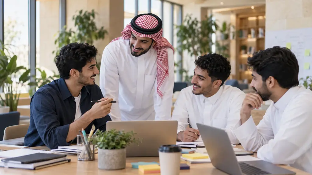 شباب يتبادلون الأفكار في مساحة عمل — صورة توضيحية مولدة