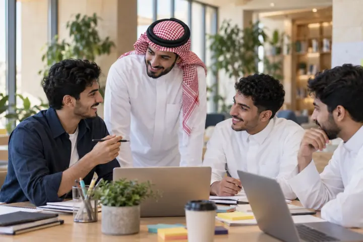 شباب يتبادلون الأفكار في مساحة عمل — صورة توضيحية مولدة